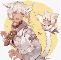 !? 2girls ^^^ animal_ears archon_mark black_shirt blue_pants border cat_ears cat_girl cat_tail chibi commentary_request cross-laced_clothes cross-laced_jacket dark-skinned_female dark_skin dual_persona eye_print facial_mark final_fantasy final_fantasy_xiv flinch from_side goggles goggles_around_neck green_eyes hair_tubes hand_up highres holding_another&#039;s_tail jacket long_sleeves looking_at_another looking_to_the_side low-tied_sidelocks miqo&#039;te motion_lines mugi_kosuta multiple_girls neck_tattoo open_mouth outside_border pants print_jacket puffy_long_sleeves puffy_sleeves shirt short_hair sidelocks signature slit_pupils stiff_tail surprised sweatdrop tail tail_raised tattoo twitter_username upper_body wavy_mouth whisker_markings white_border white_hair white_jacket white_tail y&#039;shtola_rhul
