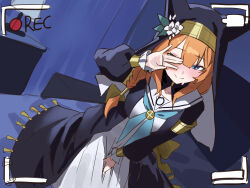 1girl absurdres bed black_dress black_hood blue_archive blue_eyes blush closed_mouth covering_one_eye dress highres long_hair long_sleeves looking_at_viewer mari_(blue_archive) on_bed orange_hair setakman smile solo sweatdrop unfinished viewfinder