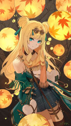 Rule 34 | 1girl, absurdres, ai dongdong, alternate costume, artist name, black thighhighs, blonde hair, coat, dress, eyewear on head, green coat, green dress, green eyes, highres, honkai (series), honkai impact 3rd, lantern, long hair, looking at viewer, orange scarf, paper lantern, round eyewear, scarf, sky lantern, smile, solo, songque, thighhighs, thighs