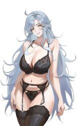 Rule 34 | 1girl, ahoge, black bra, black garter belt, black panties, black thighhighs, blue nails, bra, breasts, collarbone, eyeshadow, garter belt, grey eyeshadow, grey hair, highres, indie virtual youtuber, large breasts, long hair, makeup, milkie (vtuber), mole, mole under eye, navel, panties, rasipan, second-party source, smile, solo, thighhighs, underwear, virtual youtuber, white background, yellow eyes