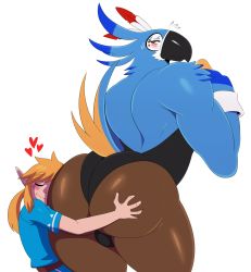 2boys ass beak blonde_hair blush body_fur brown_eyes closed_mouth eric_lowery closed_eyes furry furry_male heart highres hug huge_ass kass link looking_back male_focus multiple_boys nintendo rito shirt simple_background the_legend_of_zelda the_legend_of_zelda:_breath_of_the_wild white_background yaoi
