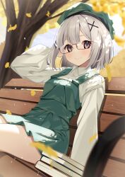 1girl absurdres arm_behind_head autumn_leaves bench beret blush book book_stack borumete closed_mouth collared_shirt commentary_request dress falling_leaves glasses green_dress green_hat grey_eyes grey_hair hair_ornament hat highres leaf long_sleeves looking_at_viewer on_bench original outdoors park park_bench pinafore_dress puffy_long_sleeves puffy_sleeves red-framed_eyewear semi-rimless_eyewear shirt short_dress short_hair sitting sleeveless sleeveless_dress smile solo tree under-rim_eyewear white_shirt x_hair_ornament