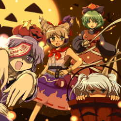 4girls blue_eyes blue_hair blush bow brown_eyes brown_hair bucket cosplay dress earmuffs female_focus flx ghost ghost_tail gourd green_eyes green_hair grey_eyes grey_hair hair_bow hair_ribbon halloween headphones ibuki_suika ibuki_suika_(cosplay) in_bucket in_container jack-o&#039;-lantern jiangshi kisume kisume_(cosplay) kurodani_yamame kurodani_yamame_(cosplay) looking_at_viewer miyako_yoshika mizuhashi_parsee mizuhashi_parsee_(cosplay) mononobe_no_futo multiple_girls ofuda open_mouth outstretched_arms pumpkin ribbon scarf shaded_face short_hair skirt smile soga_no_tojiko star_(symbol) touhou toyosatomimi_no_miko twintails zombie_pose