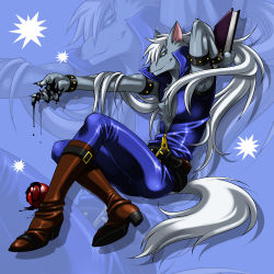 10s 1boy arm_up blue_background blue_eyes book boots full_body furry furry_male long_hair male_focus pants precure sitting smile smile_precure! solo tail wauwa werewolf white_hair wolf_tail wolfrun zoom_layer
