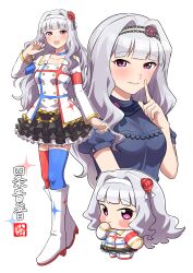1girl absurdres black_shirt black_skirt blue_choker blue_thighhighs blunt_bangs blush blush_stickers boots chain character_name chibi chibi_inset choker eyelashes finger_to_mouth flower frilled_skirt frills full_body gold_trim hair_flower hair_ornament hairband highres idolmaster idolmaster_(classic) idolmaster_million_live! idolmaster_million_live!_theater_days long_hair long_sleeves looking_at_viewer mismatched_thighhighs multicolored_choker multicolored_hairband multiple_views ngetyan no_sclera official_alternate_costume parted_lips pink_eyes puffy_short_sleeves puffy_sleeves red_choker red_flower red_thighhighs shijou_takane shirt short_sleeves shushing signature skirt smile sparkle sparkle_print starpiece_memories_(idolmaster) thighhighs turtleneck upper_body wavy_hair white_background white_boots white_hair white_hairband