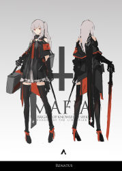 Rule 34 | 1girl, armband, bad id, bad pixiv id, black dress, black footwear, black gloves, black thighhighs, carrying, character name, commentary, dress, gloves, high heels, highres, holding, holding sword, holding weapon, logo, long hair, photoshop (medium), pixiv fantasia, pixiv fantasia t, red armband, red eyes, renatus.z, renatus (pixiv fantasia), scar, scar across eye, scar on face, scarf, side ponytail, sword, thighhighs, weapon, zettai ryouiki