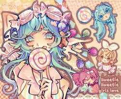 4girls \m/ behind-the-head_headphones blonde_hair blue_eyes blue_hair bow_hairband breasts candy candy_candy_(song) candy_hair_ornament chibi commentary detached_sleeves drill_hair english_text food food-themed_hair_ornament ghuoulish gradient_hair gumi hair_ornament hairband hatsune_miku headphones highres holding holding_candy holding_food holding_lollipop kagamine_rin kasane_teto kasane_teto_(utau) lollipop long_hair looking_to_the_side lyrics multicolored_hair multiple_girls nail_polish one_eye_closed pink_eyes pink_hair shirt short_sleeves sideboob sleeveless sleeveless_shirt smile swirl_lollipop symbol-only_commentary tongue tongue_out twin_drills twintails utau very_long_hair vocaloid