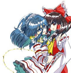2girls ascot blue_eyes blue_hair bow brown_eyes brown_hair chain commentary_request cowboy_shot detached_sleeves frilled_bow frilled_hair_tubes frilled_skirt frills hair_between_eyes hair_bow hair_ornament hair_tubes hakurei_reimu highres long_bangs long_hair looking_at_another miyadeguchi_mizuchi multiple_girls open_mouth red_bow red_shirt red_skirt ribbon-trimmed_sleeves ribbon_trim sarashi shippuu_jinnari shirt sidelocks simple_background skirt skirt_set skull_hair_ornament sleeveless sleeveless_shirt striped_clothes striped_shirt striped_skirt touhou white_background white_shirt white_skirt white_sleeves yellow_ascot yuri