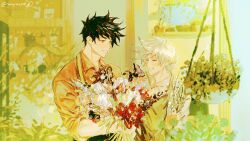 alternate_universe apron black_hair blonde_hair bouquet collared_shirt commentary english_commentary flower flower_pot green_apron green_eyes grin hades_(series) hades_1 holding holding_bouquet maynope00 mother_and_son persephone_(hades) plant planter red_eyes red_shirt shelf shirt short_hair sleeves_rolled_up smile teeth triangle_mouth twitter_username upper_body white_shirt wing_collar zagreus_(hades)
