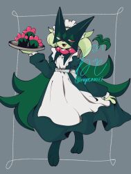 1other :d animal_hands animal_nose apron cape dress fang fangs flower full_body furry green_dress green_fur green_hair grey_background half-closed_eyes highres holding holding_plate looking_at_viewer maid_headdress mask meowscarada negoto_o0zz nintendo open_mouth other_focus pink_eyes pink_flower plate pokemon pokemon_(creature) short_hair short_tail simple_background skin_fangs smile solo standing tail two-tone_fur white_apron