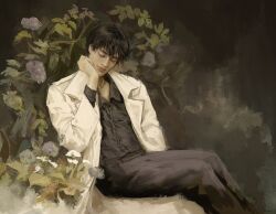 1boy bad_anatomy bad_hands black_hair black_shirt closed_eyes coat collared_shirt feet_out_of_frame flower hand_in_pocket hand_on_own_face kim_dokja leaning_on_self lily_(flower) macaronijail male_focus muted_color omniscient_reader&#039;s_viewpoint painterly perennial_(flower) shirt short_hair sitting smile solo white_coat