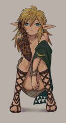 1boy bare_shoulders blonde_hair blush convenient_censoring earrings jewelry kokekokeimo link mechanical_arms nintendo pointy_ears sandals single_earring single_mechanical_arm squatting the_legend_of_zelda