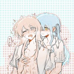 2girls aliveone_orz bang_dream! bang_dream!_it&#039;s_mygo!!!!! black_ribbon blue_hair chihaya_anon collared_shirt commentary_request dotted_background fang fingering grabbing_another&#039;s_breast grabbing_from_behind grey_eyes groping hair_ribbon hickey implied_fingering long_hair multiple_girls one_eye_closed open_clothes open_mouth open_shirt pink_hair reach-around ribbon saliva shirt short_sleeves skin_fang sweat togawa_sakiko two_side_up white_shirt yellow_eyes yuri