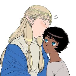 1boy 1girl affectionate aged_down black_hair blonde_hair blue_eyes blue_shawl braid child closed_eyes closed_mouth dark-skinned_male dark_skin dungeon_meshi elf eyelashes frown gong909 hair_behind_ear hair_tubes half_updo kissing_head hetero kabru kiss korean_commentary korean_text long_hair long_sleeves looking_to_the_side looking_up low-tied_long_hair milsiril_(dungeon_meshi) motherly pointy_ears shawl sidelocks simple_background upper_body white_background