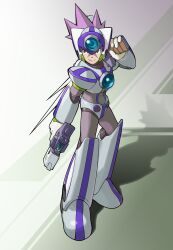 Rule 34 | 1boy, absurdres, android, armor, axl (mega man), chest jewel, cowboy shot, cross scar, dual wielding, finger on trigger, forehead jewel, full body, gun, helmet, highres, holding, holding gun, holding weapon, light trail, looking to the side, male focus, mega man (series), mega man x (series), purple hair, red eyes, samatsida, scar, scar on face, simple background, smile, solo, spiked hair, standing, weapon, white armor, white axl (mega man), white helmet