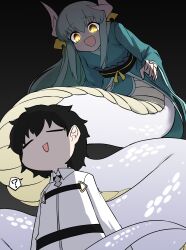Rule 34 | 1boy, 1girl, :d, ?, absurdres, black background, black hair, blue kimono, chaldea uniform, chinese zodiac, collared shirt, dragon horns, fate/grand order, fate (series), fujimaru ritsuka (male), glowing, glowing eyes, green hair, hair between eyes, highres, horns, japanese clothes, kimono, kiyohime (fate), lamia, long hair, looking at another, monster girl, nubebenbe, open mouth, shaded face, shirt, slit pupils, smile, snake girl, spoken question mark, white horns, white scales, yandere, year of the snake, yellow eyes