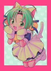 Rule 34 | 1girl, :d, ahoge, animal hat, apron, bell, blue dress, blue ribbon, border, cat girl, cat hat, cat tail, clenched hands, dejiko, di gi charat, dress, full body, green eyes, green hair, hair bell, hair ornament, hair ribbon, hat, highres, jingle bell, looking at viewer, menma (enaic31), mittens, neck bell, open mouth, parted bangs, paw shoes, petticoat, pink border, puffy short sleeves, puffy sleeves, ribbon, shoes, short hair, short sleeves, smile, solo, tail, two side up, white apron, white hat, white mittens, white shoes