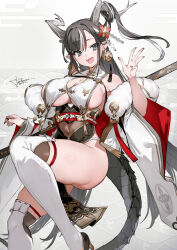 1girl :d black_hair black_nails blue_eyes breast_curtains breasts brown_hair chinese_zodiac commentary_request covered_navel dated detached_sleeves dragon_girl dragon_horns dragon_tail earrings fangs fingernails grey_background hair_ornament highres horns jewelry katana large_breasts long_hair looking_at_viewer multicolored_hair nail_polish open_mouth original pointy_ears revision scabbard sheath sheathed signature smile solo streaked_hair sword tail tassel tassel_earrings thick_thighs thighhighs thighs toridamono w weapon white_hair white_sleeves white_thighhighs wide_sleeves year_of_the_dragon