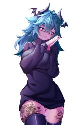 1girl absurdres aqua_hair aruna_reaver black_horns black_nails black_sweater black_thighhighs blue_eyes blush breasts bright_pupils commission demon_horns glasses hair_ornament hairpin head_wings heart heart-shaped_pupils highres horns indie_virtual_youtuber leg_tattoo long_hair mats_kuro own_hands_together rectangular_eyewear red_eyes solo sweater symbol-shaped_pupils tattoo thighhighs virtual_youtuber white_background white_pupils wings