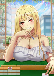 1girl bare_shoulders blonde_hair blush breast_rest breasts city cleavage day dress facial_tattoo flower frilled_dress frills grin head_tilt heart heart_tattoo highres jewelry large_breasts long_hair looking_at_viewer luis_cammy luis_cammy_(6th_costume) mahjong mahjong_tile mole mole_under_mouth necklace nijisanji red_eyes smile solo suzuki_(white-world) tattoo tenbou very_long_hair virtual_youtuber white_dress wisteria