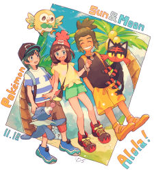 1girl 2boys backpack bag baseball_cap beanie black_hair black_hat black_shirt blue_eyes blue_sky brown_hair capri_pants closed_eyes copyright_name creatures_(company) dark-skinned_male dark_skin day deigo_(indigo2070) elio_(pokemon) floral_print game_freak gen_7_pokemon green_hair green_shorts grin hair_ornament hairclip hands_in_pockets hat hau_(pokemon) highres litten multiple_boys nintendo outside_border palm_tree pants pokemon pokemon_(creature) pokemon_sm popplio red_hat rowlet selene_(pokemon) shirt shoes short_hair short_shorts shorts sidelocks signature sky smile sneakers starter_pokemon_trio striped_clothes striped_shirt swept_bangs t-shirt tied_shirt topknot tree wide_sleeves z-ring