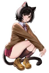 1girl absurdres animal_ear_fluff animal_ears artist_name black_hair black_socks blush boots brown_boots brown_cardigan brown_eyes cardigan cat_ears cat_girl cat_tail closed_mouth collared_shirt commentary dress_shirt elfe_art english_commentary highres kneehighs long_sleeves looking_at_viewer miniskirt neck_ribbon original pleated_skirt red_ribbon red_skirt ribbon shirt short_hair simple_background skirt sleeves_past_wrists smile socks solo squatting tail thighs white_background white_shirt work_boots