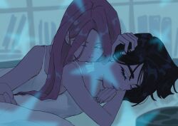 2girls alien_stage black_hair closed_eyes commentary dress english_commentary highres kiss kissing_neck long_hair lying mizi_(alien_stage) multiple_girls neck_tattoo on_stomach pink_hair sleeveless sleeveless_dress sua_(alien_stage) tattoo white_dress xocolatpink yuri