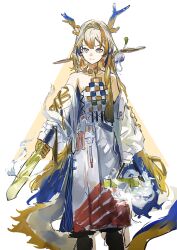 1girl absurdres arknights bare_shoulders bead_necklace beads blonde_hair blue_eyes breasts chinese_hairpin closed_mouth collarbone dragon_girl dragon_horns dragon_tail earrings eastern_dragon_horns eastern_dragon_tail highres holding holding_sword holding_weapon horns jewelry long_hair long_sleeves medium_breasts necklace pointy_ears shirt shu_(arknights) solo standing strapless strapless_shirt sudadachi sword tail tassel tassel_earrings tube_top very_long_hair weapon white_tube_top