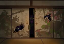 3boys black_eyes bright_pupils character_print claws colored_sclera fezandipiti glowing glowing_eyes grin highres indoors legendary_pokemon looking_up mixed-language_commentary multiple_boys munkidori nintendo no_humans ogerpon ogerpon_(teal_mask) okidogi open_mouth peeking_out pokemon pokemon_(creature) shaded_face sharp_teeth sliding_doors smile standing tatami teeth tenebscuro white_pupils yellow_sclera