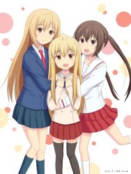 2014 3girls :3 ahoge black_legwear blush brown_eyes brown_hair dated girl_sandwich group_hug hug hug_from_behind kisaragi_julia long_hair minami-ke minami_chiaki minami_haruka minami_kana multiple_girls sandwiched school_uniform siblings sisters skirt smile thighhighs twintails