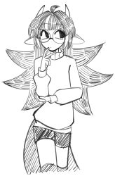 Rule 34 | 1girl, animal ears, black eyes, black shorts, black socks, black tail, closed mouth, cowboy shot, hand on own arm, hand on own face, highres, horns, long hair, long sleeves, looking to the side, m8n8xide, multicolored hair, original, round eyewear, sheep ears, shorts, socks, solo, spiked hair, streaked hair, sweater, tail, thinking, turtleneck, turtleneck sweater, v, white background, white hair, white horns, white sweater