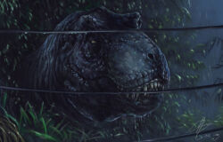 dinosaur electric_fence fence highres jinsu_kang jurassic_park looking_down night no_humans rain rainforest realistic sharp_teeth signature teeth tree tyrannosaurus_rex yellow_eyes