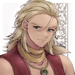 aqua_eyes blonde_hair collarbone commentary_request dragon_quest dragon_quest_x earrings farras_(dq10) gem green_gemstone hair_slicked_back jewelry kuro11_222 looking_to_the_side lowres male_focus medium_hair neckerchief necklace portrait red_vest single_bang smirk solo stud_earrings vest white_background yellow_neckerchief