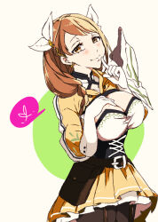 1girl black_corset breasts brown_hair cleavage corset fire_emblem fire_emblem_engage gloves goldmary_(fire_emblem) hand_on_own_chest highres hooded_top large_breasts long_hair looking_at_viewer meba. mole mole_on_breast nintendo ribbon single_shoulder_pad skirt smile solo white_gloves white_ribbon yellow_eyes yellow_skirt