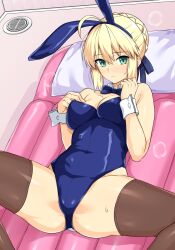 Rule 34 | 1girl, ahoge, air mattress, animal ears, artoria pendragon (fate), blonde hair, blue bow, blue bowtie, blue hairband, blue leotard, blush, bow, bowtie, breasts, brown thighhighs, cleavage, closed mouth, commentary request, covered navel, fake animal ears, fate/grand order, fate (series), green eyes, hairband, haruhisky, highres, leotard, lying, medium breasts, on back, pillow, playboy bunny, rabbit ears, saber (fate), soapland, solo, thighhighs, white wrist cuffs, wrist cuffs