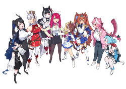 Rule 34 | &gt; &lt;, 6+girls, :d, :o, ;o, animal ears, ascot, asymmetrical gloves, bag, bare shoulders, black boots, black bow, black bowtie, black gloves, black hair, black pants, black pantyhose, black shoes, black skirt, bloom (irys), blue eyes, blue hair, blue jacket, blue skirt, blunt bangs, boots, bow, bowtie, breasts, broken horn, brown hair, cardigan, center frills, chattino (raora panthera), cleavage, closed eyes, collared shirt, commentary, cropped shirt, crossover, daiwa scarlet (umamusume), dasdokter, demon horns, detached sleeves, drill, earrings, english commentary, epaulettes, fang, framed breasts, frills, full body, fusion, garter straps, gloom (irys), gloves, gold ship (umamusume), gold trim, grey hair, grin, hair between eyes, hair bow, hair intakes, halo, hands on own hips, hands up, hat, heterochromia, high heels, highres, hololive, hololive english, horn hairband, horns, horse ears, horse girl, horse tail, irys (hololive), jacket, jailbird (nerissa ravencroft), jetpack, jewelry, juliet sleeves, knee boots, large breasts, layered skirt, long hair, long sleeves, looking at another, medium breasts, midriff, mismatched gloves, multicolored hair, multiple girls, nail polish, navel, nerissa ravencroft, one eye closed, open clothes, open jacket, open mouth, panther ears, panther girl, panther tail, pants, pantyhose, pencil skirt, personification, pink ascot, pink bow, pink cardigan, pink eyes, pink hair, pink nails, pleated skirt, pointy ears, ponytail, puffy sleeves, raora panthera, red bow, red bowtie, red eyes, shirt, shirt tucked in, shoes, short hair, shorts, simple background, single epaulette, skirt, slit pupils, smile, star halo, streaked hair, tail, thigh strap, thighhighs, tiara, tokai teio (umamusume), triangle mouth, twintails, two-tone hair, umamusume, underbust, very long hair, virtual youtuber, white background, white boots, white gloves, white hair, white pantyhose, white shirt, white shoes, white skirt, white thighhighs, xd
