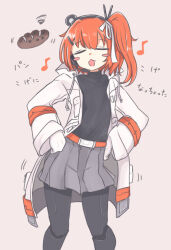 1girl a.i._voice adachi_rei belt black_headwear black_leggings black_shirt blush_stickers bread breast_pocket burnt_food chabatake_yunomi chestnut_mouth closed_eyes feet_out_of_frame gloves grey_background grey_skirt hair_ornament hair_ribbon hairclip hands_on_own_hips headlamp headset highres jacket leggings loaf_of_bread mechanical_legs medium_hair microphone music open_clothes open_jacket orange_belt orange_hair parka pigeon-toed pleated_skirt pocket radio_antenna ribbon shirt side_ponytail simple_background singing skirt solo sound_wave swaying turtleneck utau utility_belt white_gloves white_jacket white_ribbon wide_sleeves