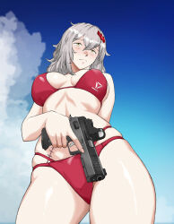 1girl absurdres bikini blue_sky blush breasts cz_shadow_2 day goddess_of_victory:_nikke grey_hair gun hair_between_eyes hair_ornament hairclip handgun highres holding holding_gun holding_weapon large_breasts long_hair messy_hair ogirin3948 outdoors scar scar_on_stomach shiny_skin skindentation sky solo standing swimsuit trigger_discipline weapon yellow_eyes yulha_(nikke)