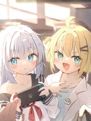 2girls :d ahoge blonde_hair blue_eyes blush commentary_request fang grey_hair hair_ornament hairclip handheld_game_console highres holding holding_handheld_game_console long_hair looking_at_viewer multiple_girls neckerchief nintendo_switch open_mouth original parallel_hairclips red_neckerchief seboneko shirt short_hair skin_fang smile