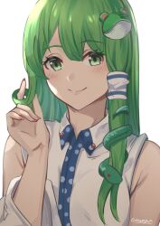 1girl bare_shoulders blush breasts closed_mouth collared_shirt daweykun detached_sleeves double-parted_bangs facing_viewer frog_hair_ornament green_eyes green_hair hair_ornament hair_tubes hand_in_own_hair highres kochiya_sanae large_breasts long_hair long_sleeves looking_at_viewer patterned_clothing shirt signature simple_background single_hair_tube single_sidelock sleeveless sleeveless_shirt smile snake_hair_ornament solo touhou twirling_hair upper_body white_background wide_sleeves wing_collar