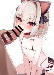 1boy 1girl animal_ears barefoot belt_collar bikini black_bikini cat_ears collar commentary_request cum cum_on_body cum_on_hair facial fellatio flat_chest grey_hair hetero highres huucha_(cpaf5377) loli makaino_ririmu micro_bikini multicolored_hair nijisanji oral paid_reward_available penis pink_eyes pink_hair pointy_ears red_collar short_hair simple_background solo_focus streaked_hair swimsuit variant_set white_background