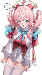 1girl absurdres aqua_bow aqua_bowtie aqua_eyes aqua_hair beret blue_eyes blush bow bowtie breasts dress embarrassed gradient_hair hair_between_eyes hair_ornament hat highres holding holding_legwear holding_unworn_clothes honkai:_star_rail honkai_(series) hyacine_(honkai:_star_rail) long_hair long_sleeves looking_at_viewer lunacle multicolored_hair nose_blush open_mouth pantyhose pink_hair red_dress red_hat solo twintails two-tone_hair white_background white_dress white_pantyhose