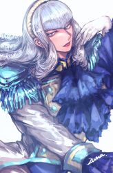 1girl absurdres artist_name ascot blue_ascot blue_eyes commentary epaulettes gloves highres long_hair manon_legrand official_alternate_color red_lips simple_background street_fighter street_fighter_6 white_background white_gloves white_hair zuman_(zmnjo1440)