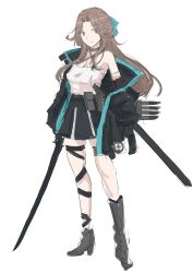 1girl absurdres alternate_costume belt black_jacket black_skirt brown_eyes brown_hair choker commentary_request criss-cross_halter grey_choker hair_intakes half_updo halterneck highres jacket jacket_partially_removed jintsuu_(kancolle) kantai_collection ken_(shutenndouji1) long_hair looking_at_viewer machinery searchlight sheath shirt skirt solo sword utility_belt weapon white_shirt