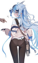 1girl 1other ? absurdres accidental_exposure ahoge ass bag black_pantyhose blue_eyes blue_hair blue_ribbon brown_bag commentary_request di_le_to feet_out_of_frame from_behind grey_jacket hair_intakes hair_ribbon highres holding holding_phone jacket long_hair long_sleeves looking_at_another one_side_up original panties panties_under_pantyhose pantyhose phone pointing pointing_at_another ribbon shirt shoulder_bag shoulder_strap simple_background standing underwear white_background white_panties white_shirt