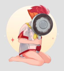 1boy barefoot bottomless buttons commentary_request crispin_(pokemon) frying_pan gloves highres holding holding_frying_pan jacket male_focus multicolored_hair myaaco_3 nintendo orange_hair partially_fingerless_gloves pokemon pokemon_sv red_gloves red_hair shota single_glove solo sparkle toes two-tone_hair white_jacket