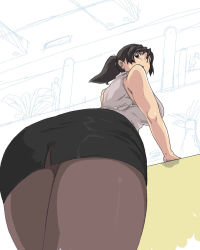 1girl ass bad_id bad_pixiv_id black_hair brown_eyes female_focus from_below holon huge_ass maaru mall pantyhose pencil_skirt ponytail real_drive short_hair skirt solo