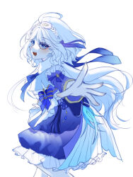 1girl ahoge blue_bow blue_dress blue_eyes blue_gemstone blue_hair blue_ribbon blush bow commentary_request cowboy_shot dress drop-shaped_pupils frills from_side fur_collar furina_(genshin_impact) gem genshin_impact gradient_hair hair_ribbon hairband hand_up heterochromia highres long_hair long_sleeves looking_at_viewer low_twintails mismatched_pupils multicolored_hair neck_ribbon open_mouth pantyhose ribbon simple_background smile solo standing symbol-shaped_pupils tassel teeth twintails two-tone_dress wavy_hair white_background white_dress white_hair white_hairband white_pantyhose yuseol_art