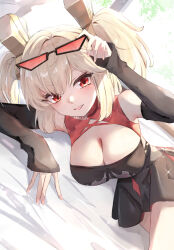 1girl absurdres adapted_costume blonde_hair breasts burnice_white cleavage elphe eyewear_on_head highres large_breasts looking_at_viewer lying no_jacket on_side open_mouth red_eyes short_twintails skirt smile solo sunglasses thighhighs twintails zenless_zone_zero