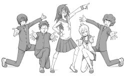 Rule 34 | 2girls, 3boys, afro, blush, embarrassed, folded ponytail, gakuran, glasses, greyscale, hand on own hip, hare hare yukai, kitahara aya, kneeling, kurosawa kakeru, long hair, looking at viewer, monochrome, multiple boys, multiple girls, nagaoka keiji, onanie master kurosawa, opaque glasses, pointing, school uniform, seki shuuta, shaded face, sidelocks, suzumiya haruhi no yuuutsu, sweatdrop, takigawa magister, velzhe, white background